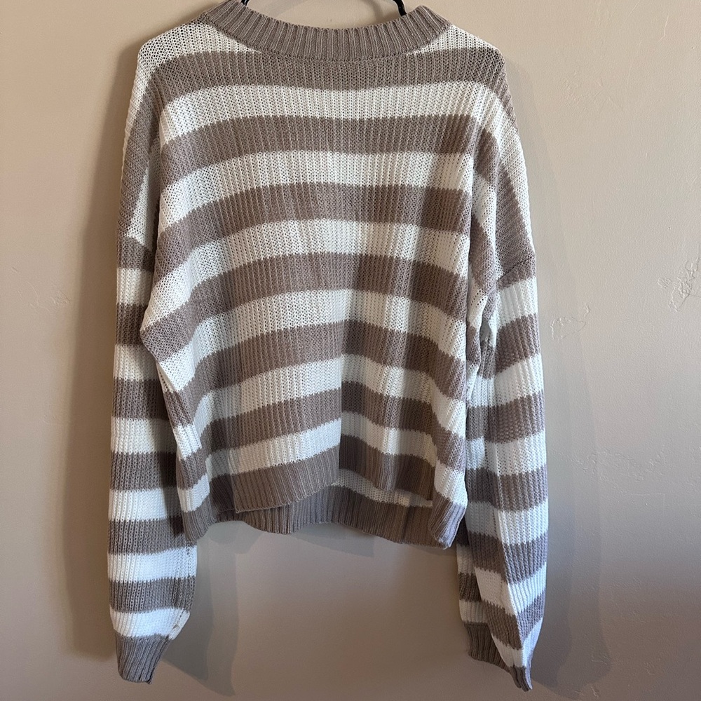SHEIN Taupe and White Striped Crew Neck Sweater